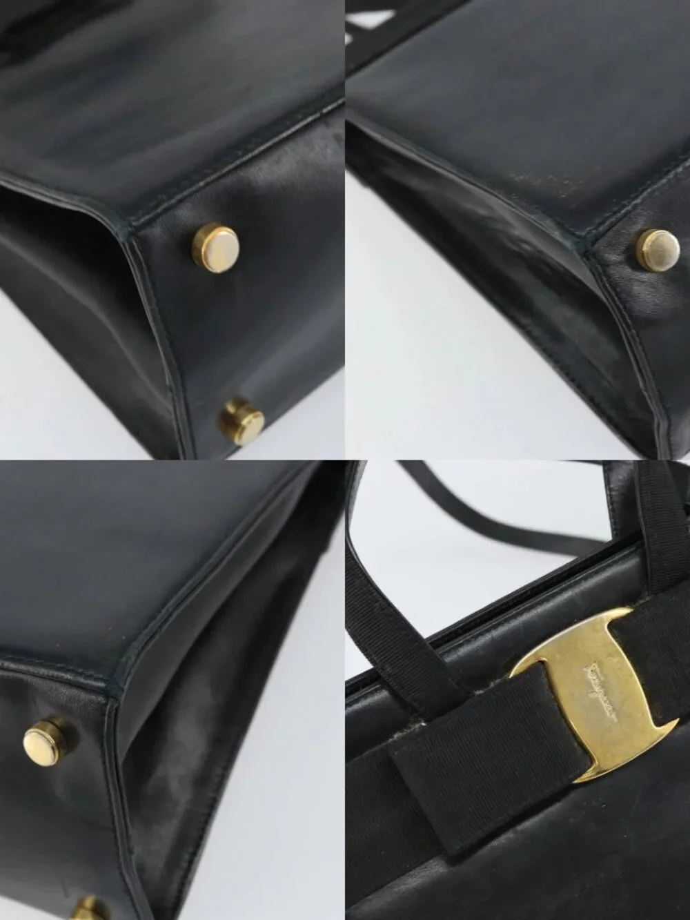 Salvatore Ferragamo Vala Hand Bag Leather 2way Black Gold Auth 161693